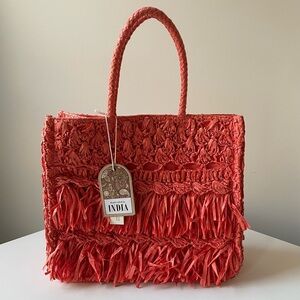 NWT Handcrafted in India Paper Fringe Tote Bag